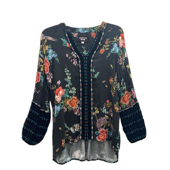 Johnny Was Embroidered Top XS Balloon Velvet Sleeves Black Floral V Neck Tunic - Picture 1 of 11